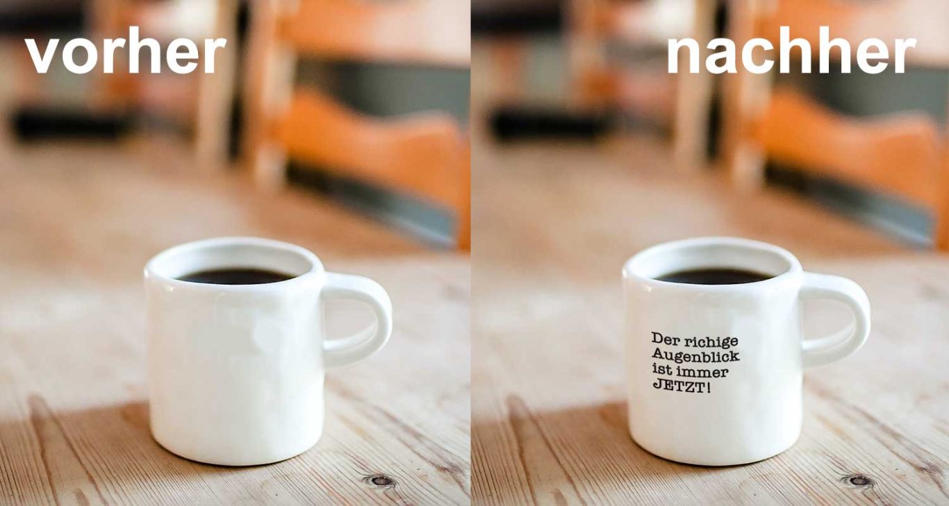 Interdisziplinäre Ambulanz - Bildretusche Weißer Becher mit Kaffee, links "vorher", rechts "nachher" mit Text.