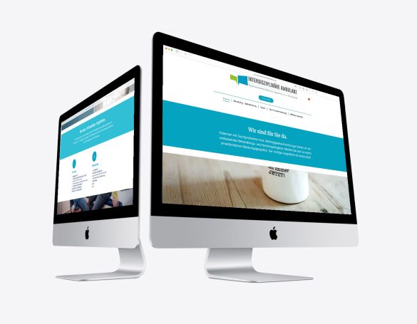 Zwei iMac-Computer zeigen eine moderne Website mit einem klaren, einfachen Design.