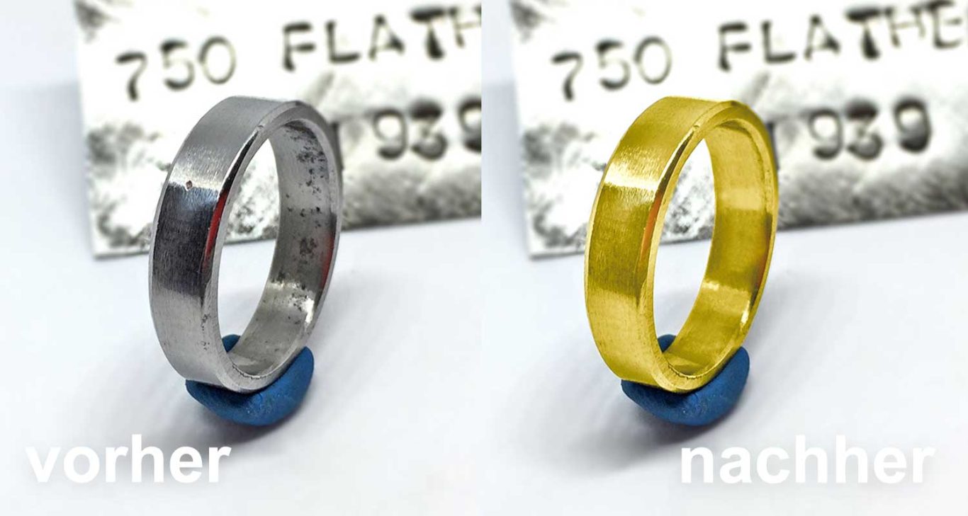 riderings - Simulation "Vergoldung" Silberner Ring vor der Bearbeitung und goldfarbener Ring nach der Bearbeitung.