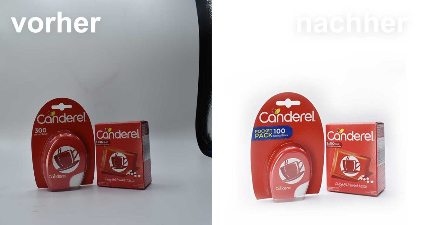 action direct - Produktfoto Zwei rote Verpackungen nebeneinander, beschriftet mit „vorher“ und „nachher“.