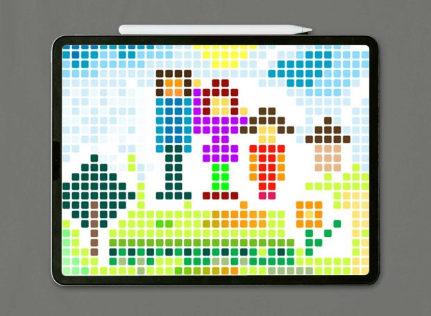 Bunte Pixelkunst zeigt eine Familie im Freien mit Sonne und Bäumen.