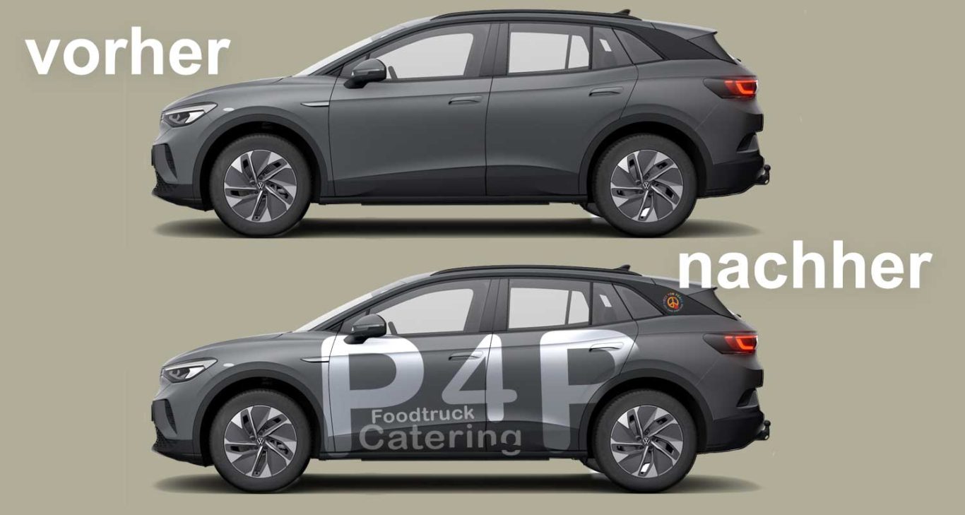 PIECE FOR PEACE - Simulation Fahrzeugbeschriftung Vergleich von zwei Autos: oben "vorher", unten "nachher" mit dem P4P-Logo.